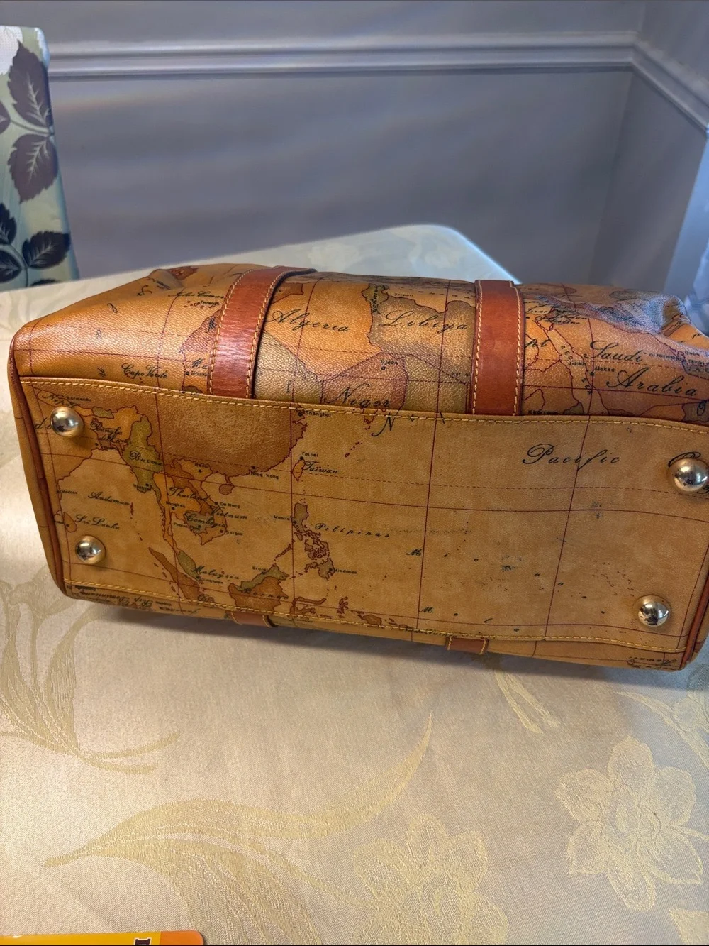 Alviero Martini Tan and Brown Geo-Print Leather Duffel